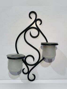 Vintage PartyLite Black Scroll Wall Sconce with Frosted Glass Holders